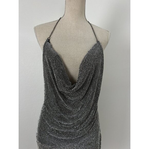 Rhinestone Chainmail Side Slit Sexy Mini Dress Silver & Black Party Size S/M - Picture 16 of 16